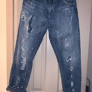 BCBGMAXAZRIA Destroyed Distressed Patch Boyfriend Ankle Crop Jeans